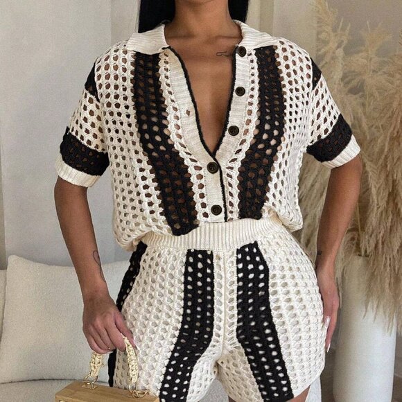 Tops - Black Casual Women's Hollow Out Vacation Sweater And Shorts Set